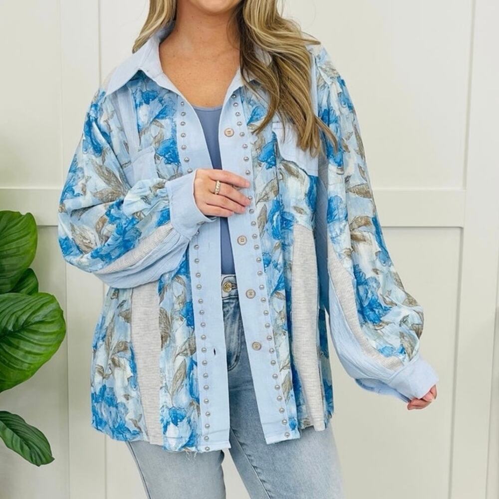 POL Patchwork Blossoms Top In Blue - image 2